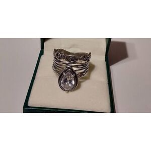 OR PAZ Italian Sterling Silver 2Ct Pear Cut White Topaz Wide Stacked Ring Sz 8